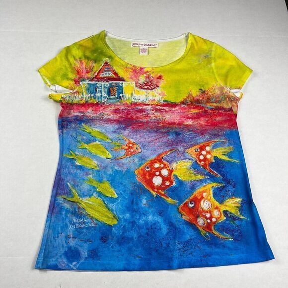 Leoma Lovegrove T-Shirt Pop Artsy Aquatic Fish Print Short Sleeve Top MEDIUM